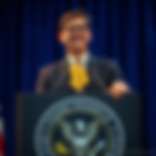 Kevin Warsh standing at a podium with the Federal Reserve seal, smiling confidently while holding a Bitcoin symbol.