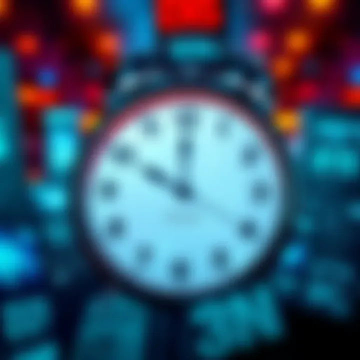 A clock showing 8:15 EST with news headlines around it