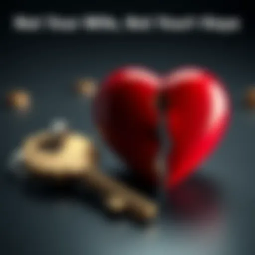 A pair of keys lying next to a broken heart symbol, representing boundaries in personal relationships.