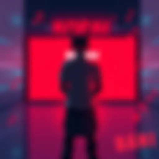 Koraii standing in front of a digital screen displaying a ban notice from Newgrounds, with music notes around him