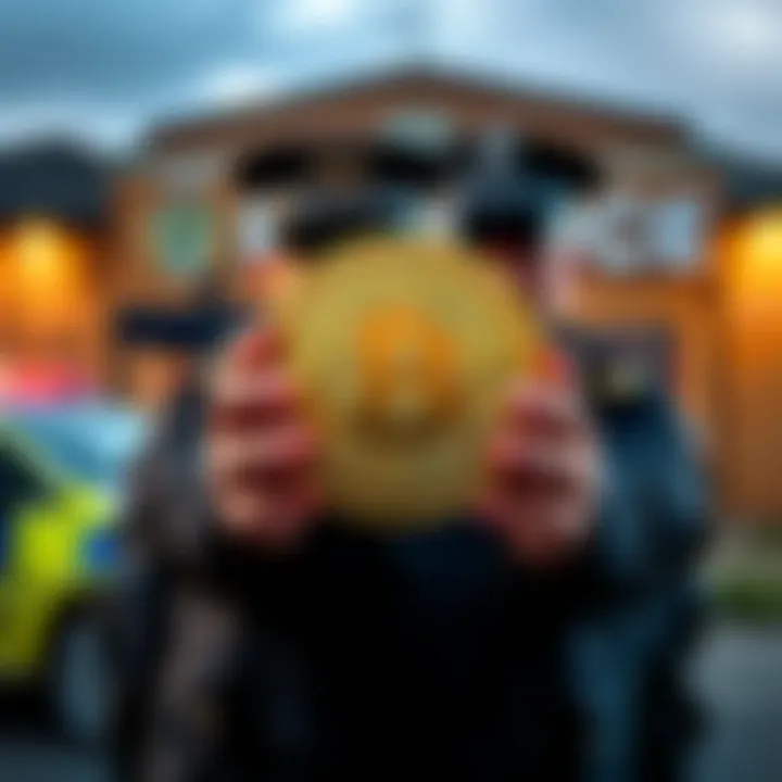 Lancashire Police officers holding a Bitcoin symbol with a backdrop of a police station