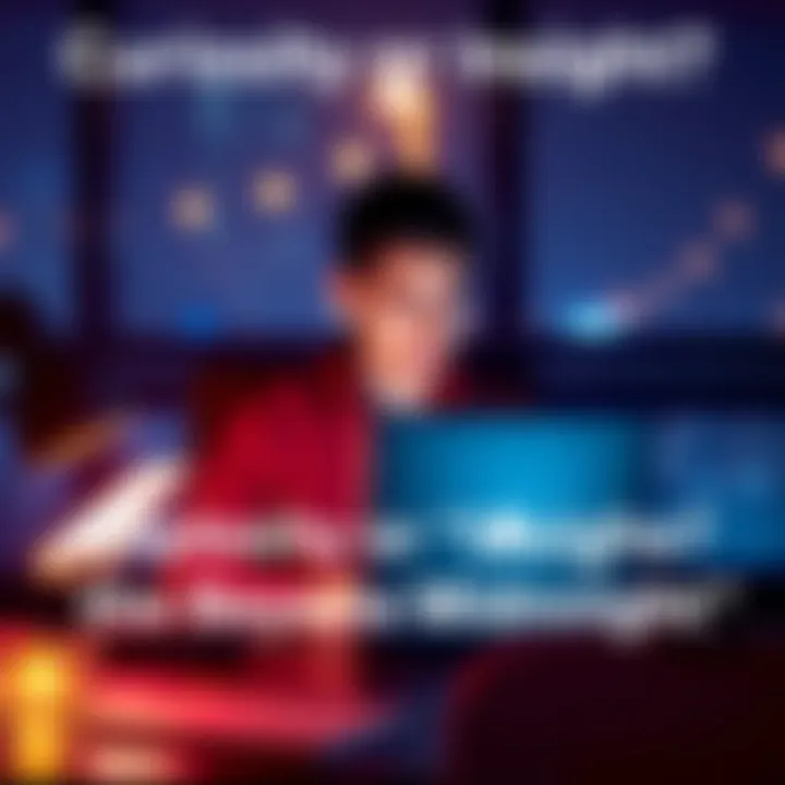 A person sitting at a desk with a laptop open, surrounded by nightlights, looking intrigued and thoughtful as they explore mysterious content