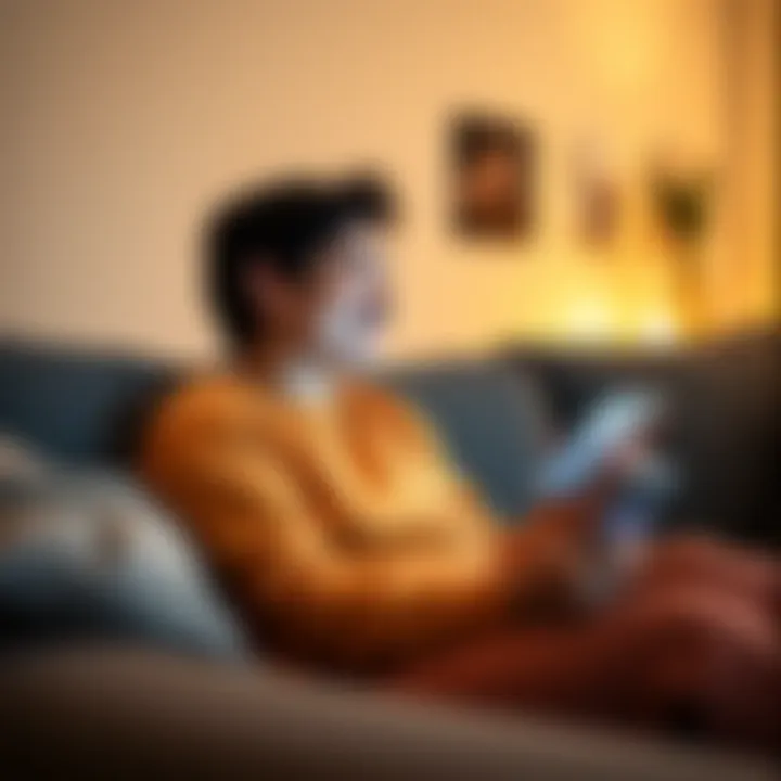 A person sitting on a couch, laughing joyfully while watching a funny video on their phone or tablet.