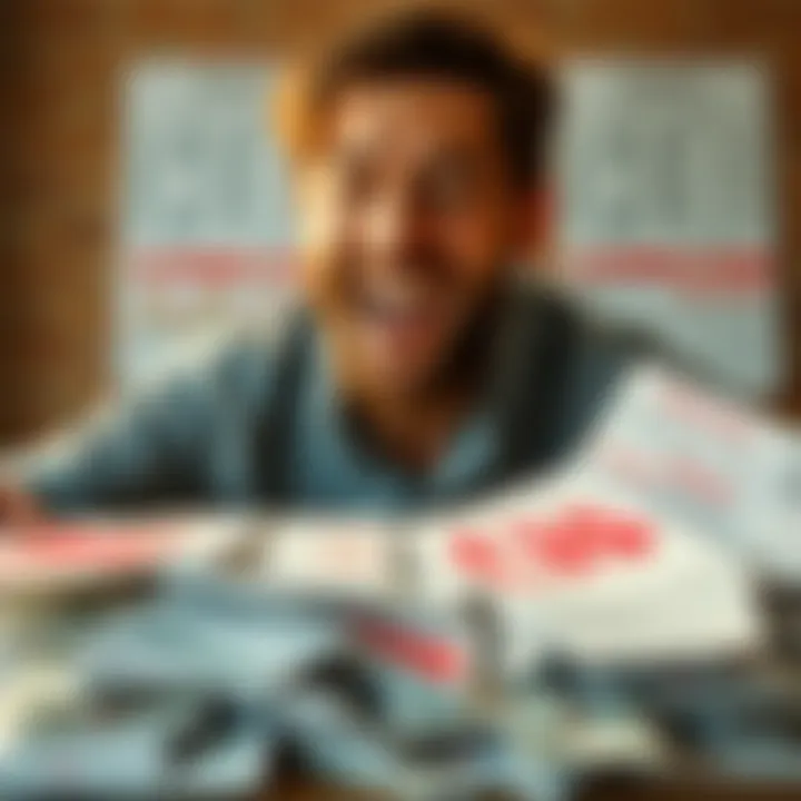 A person laughing while looking at a pile of financial papers with red marks, symbolizing money loss and mistakes.