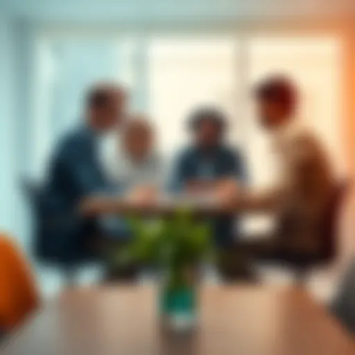 A group of diverse professionals discussing strategies around a table during a team meeting