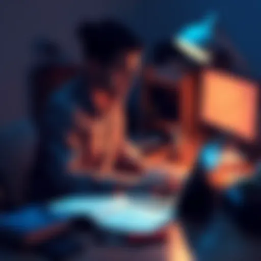 A person sitting at a desk with a laptop, studying cryptocurrency basics with charts and notes around them.