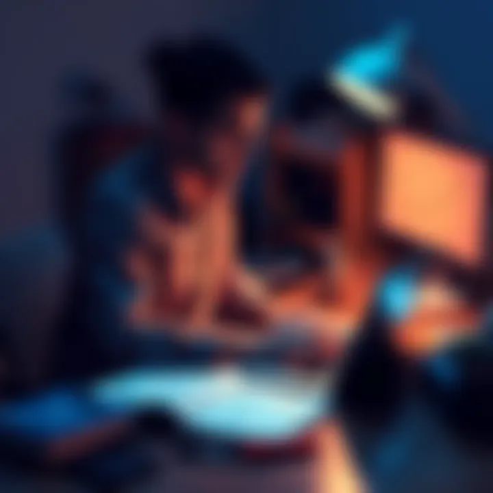 A person sitting at a desk with a laptop, studying cryptocurrency basics with charts and notes around them.