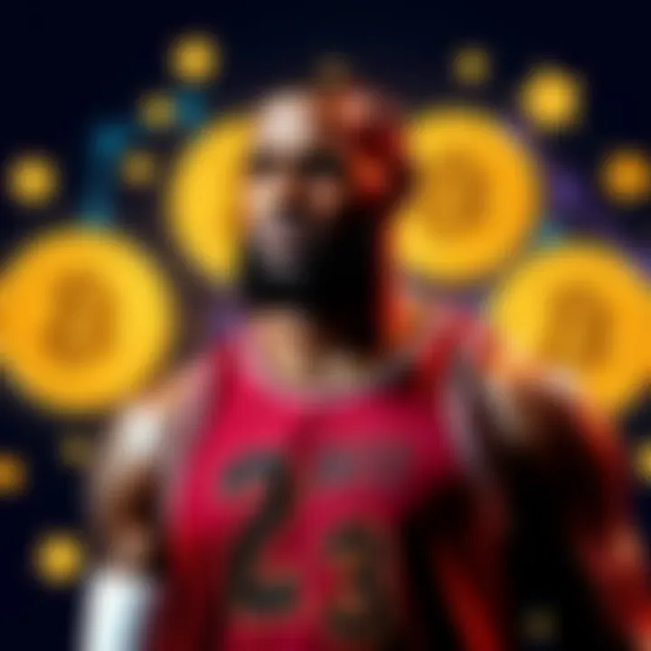 LeBron James in a basketball jersey with Bitcoin logos around him, symbolizing the connection between his team changes and Bitcoin prices.