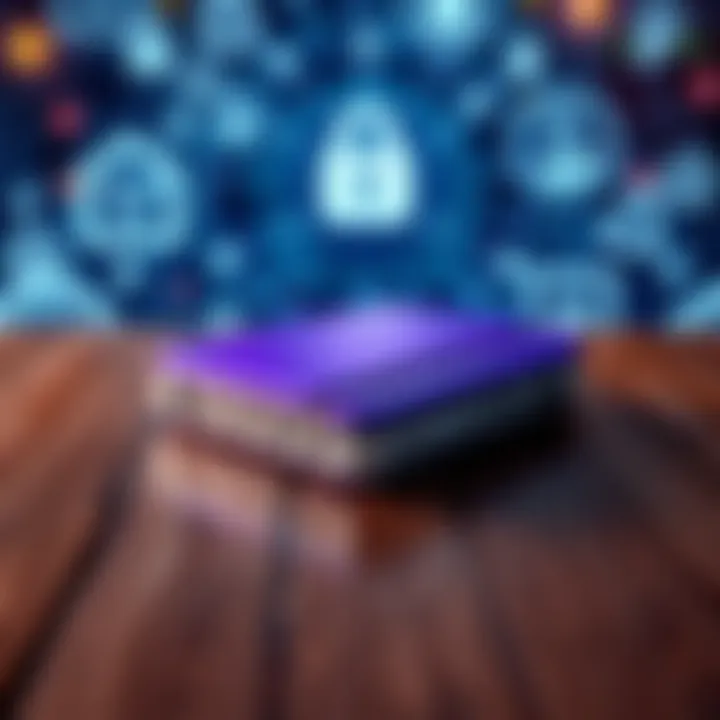 A close-up of the Ledger Nano X Purple cryptocurrency wallet on a wooden table with a background of digital security symbols.