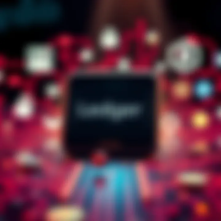 A Ledger device displaying a seed phrase on its screen, surrounded by digital icons representing security and cryptocurrency.