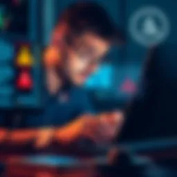 A person looking concerned while checking their Ledger wallet on a computer, with graphics showing a warning and an alert symbol