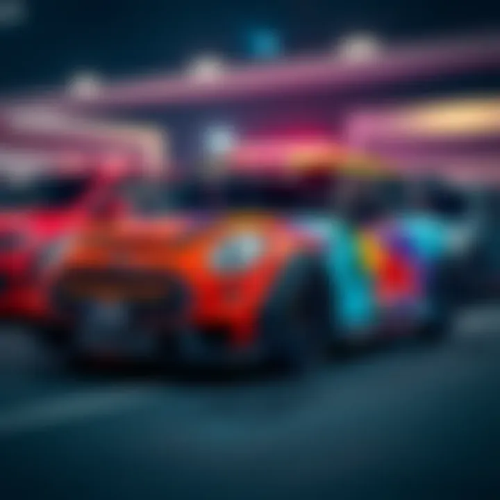 A brightly colored car featuring a striking livery design, standing out among other vehicles, showcasing its bold theme.