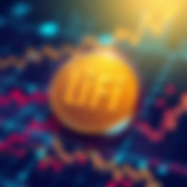 Illustration showing LienFi token symbol with a background of digital lien contracts and charts representing market growth