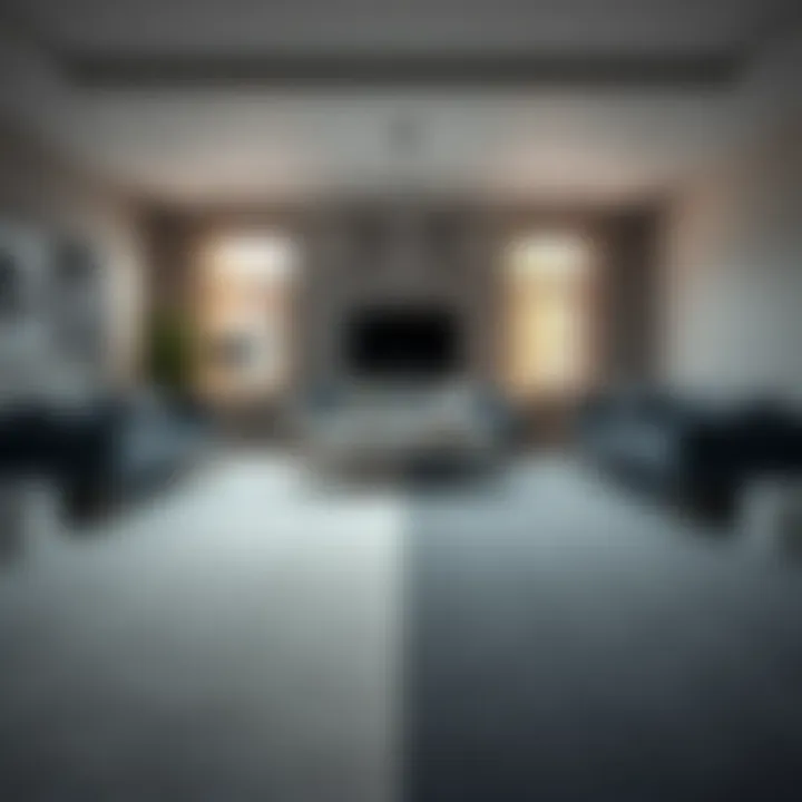 A side-by-side comparison of light gray and dark gray carpets in a well-lit living room setting, showcasing their textures and colors against modern furniture.