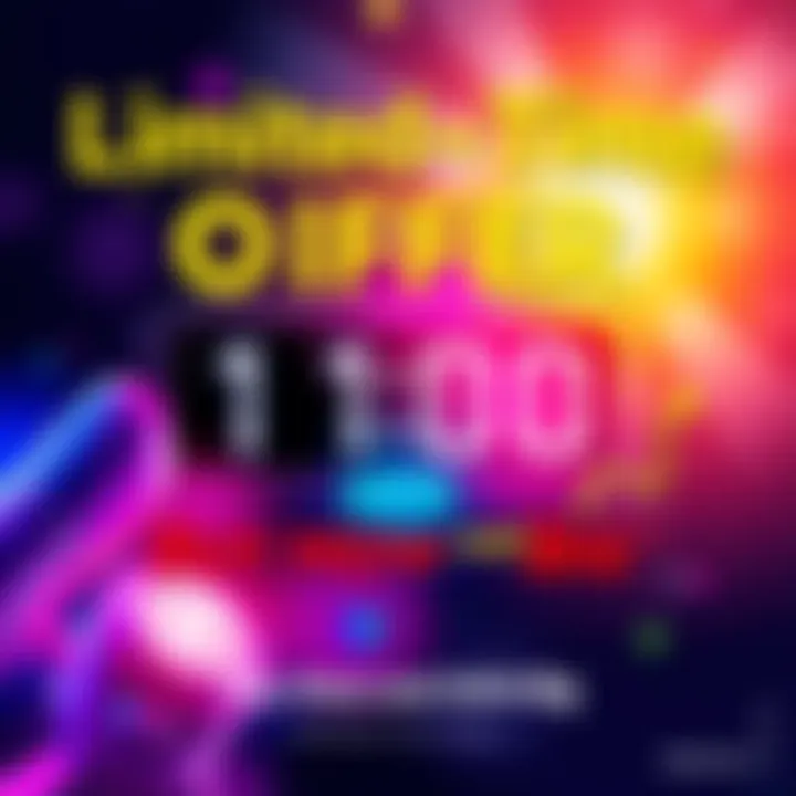 A bright and eye-catching graphic showcasing a limited-time offer with bold text urging people to buy now and save big, featuring a timer and attractive visuals representing savings.