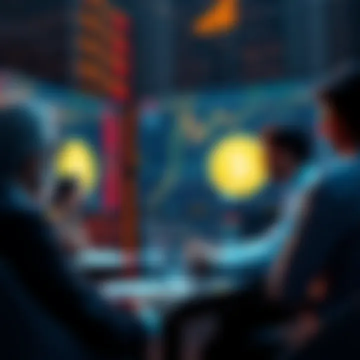 People discussing trading strategies for Litecoin, with charts and graphs on a screen