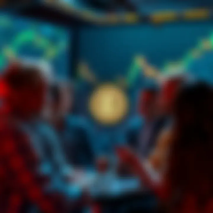 A group of people engaging in a conversation about investing in Litecoin, with charts and graphs in the background indicating market trends.