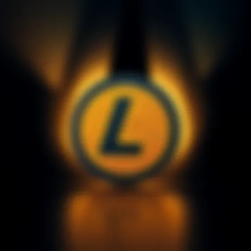 The Litecoin logo is shown in a dark setting, overshadowed by larger cryptocurrency logos like Bitcoin and Ethereum.
