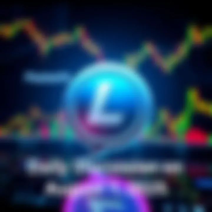 A chat bubble icon representing discussion on Litecoin trading markets with graphs in the background.