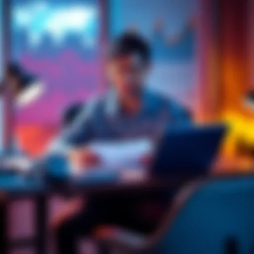 A real estate investor sitting at a desk with a laptop, studying financial documents and charts related to Bitcoin and loans.