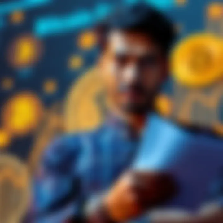 A person contemplating a loan application with Bitcoin graphics in the background