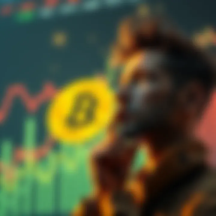 A person considering a loan for investing in Bitcoin and Ethereum, with currency symbols and graphs in the background.
