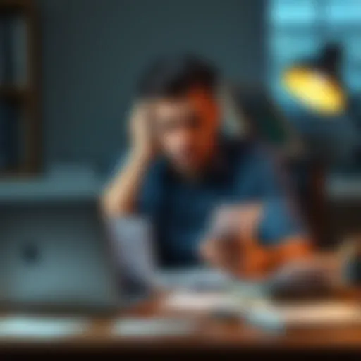 A worried individual sitting at a desk with bills and a laptop, looking stressed about loan applications, with potential rejection letters visible