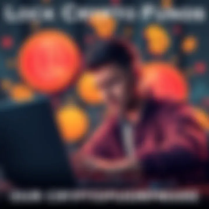 A person looks worried while checking their crypto account on a laptop, with Bitcoin and fiat currency symbols in the background.