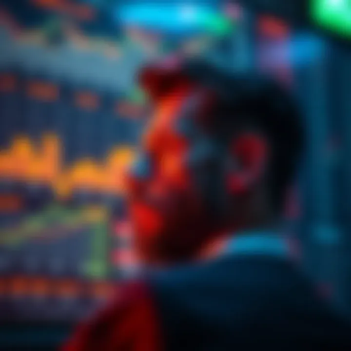 Long-term holder looking at market charts A person gazes at market charts showing fluctuations while appearing indifferent, symbolizing a long-term holder's numbness to market dips.