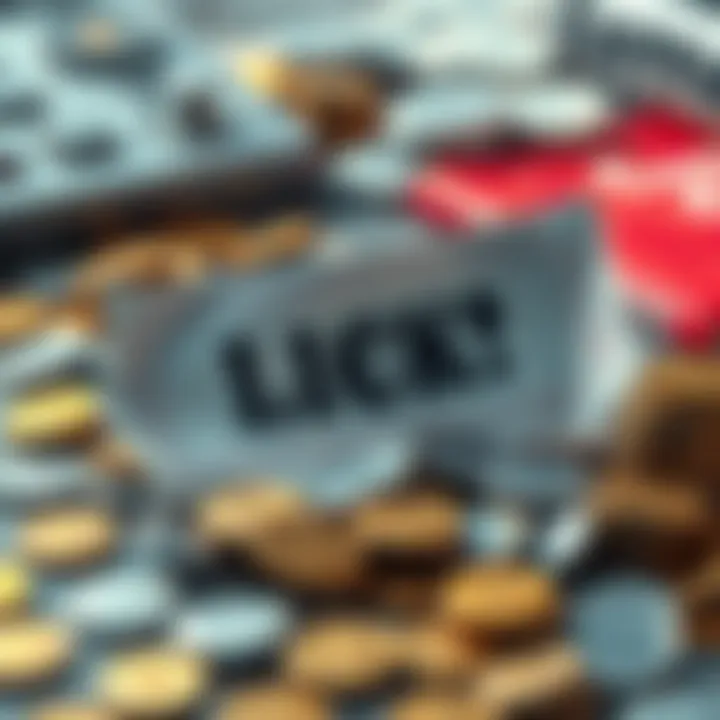 A lottery ticket surrounded by scattered coins on a desk, reflecting mixed feelings about luck.
