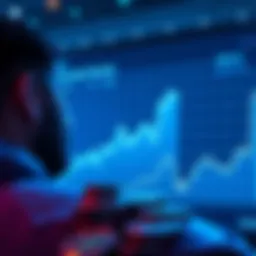 A person looking at a digital graph showing the rise in value of Litecoin with coins in the foreground