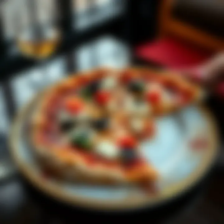 A beautifully crafted pizza topped with gold leaf, caviar, and truffles, served on a fancy plate in an upscale setting.