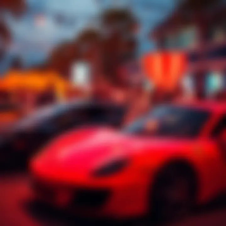 A vibrant community event showcasing luxury cars, with excited people celebrating together, representing financial success and a passion for automobiles.