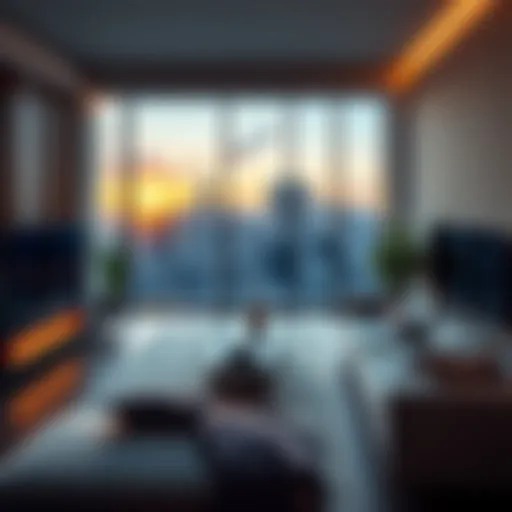 A luxury two-bedroom apartment in New York City with a modern interior, showcasing a living area and city views.