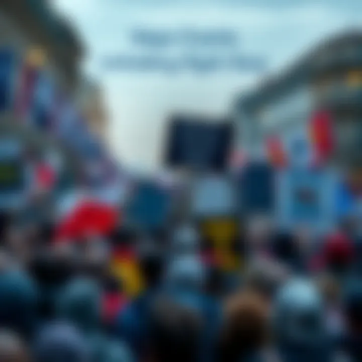 Crowd gathering at a protest with banners and signs, showing various reactions to current events