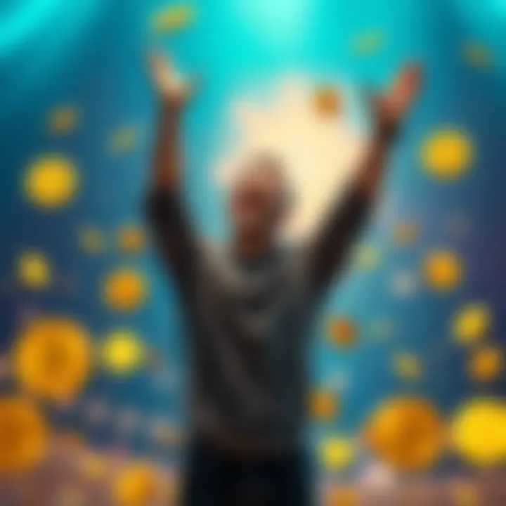 A happy man celebrating with arms raised, surrounded by cryptocurrency symbols, indicating relief after selling his digital assets.