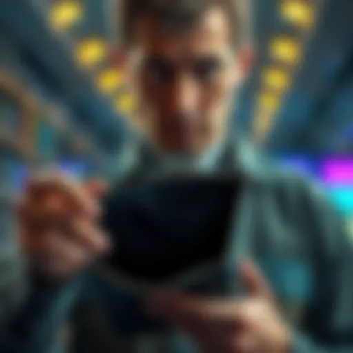 A concerned man staring at his empty wallet, highlighting the impact of a cryptocurrency scam on his retirement savings.