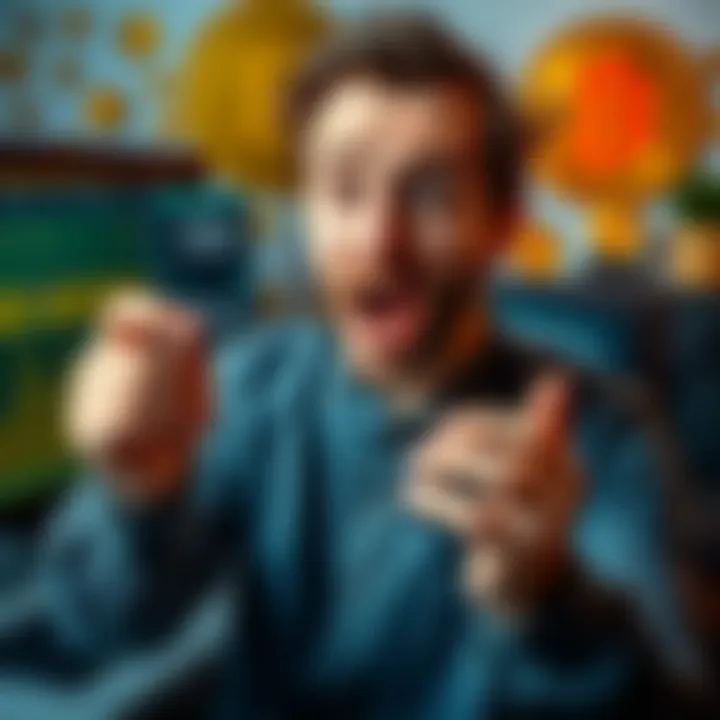 Man finds lost Bitcoin backup A man holding an SD card, looking surprised and excited after finding his lost Bitcoin backup, with a computer and Bitcoin symbols in the background.