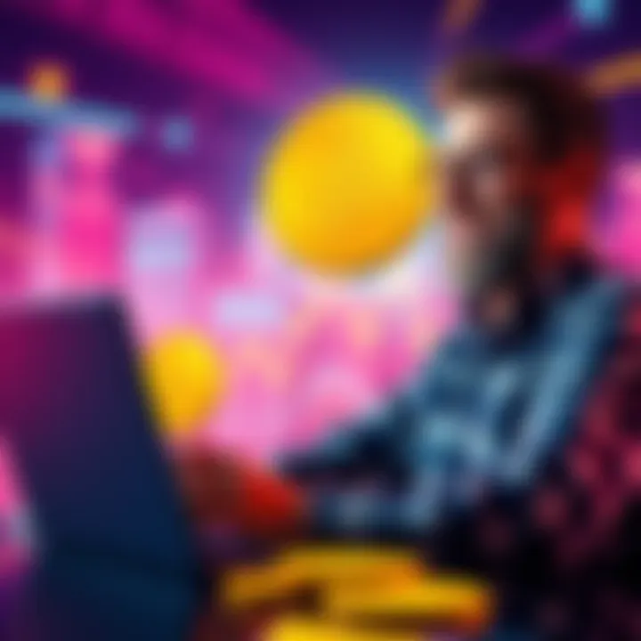 A 35-year-old man excitedly using a laptop to invest in Bitcoin with guidance from his father