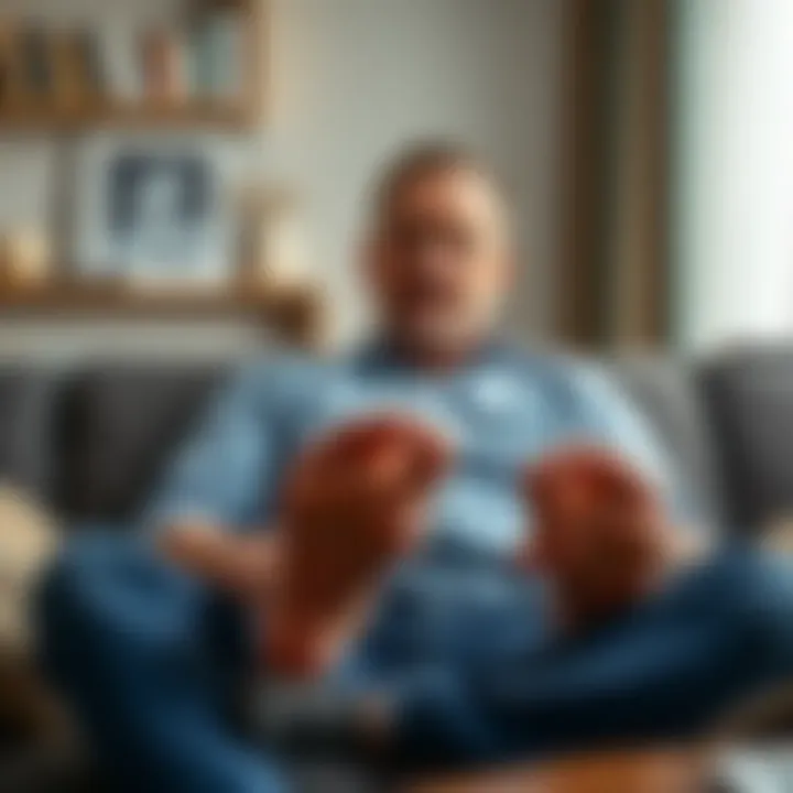 A man sitting on a couch, gazing at his feet with a thoughtful expression, highlighting his discomfort with them.