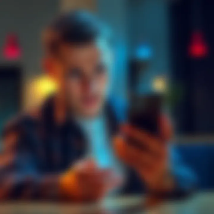 Man looking concerned at his phone A man with a worried expression, looking at his smartphone, symbolizing the anxiety of online relationships and potential scams.