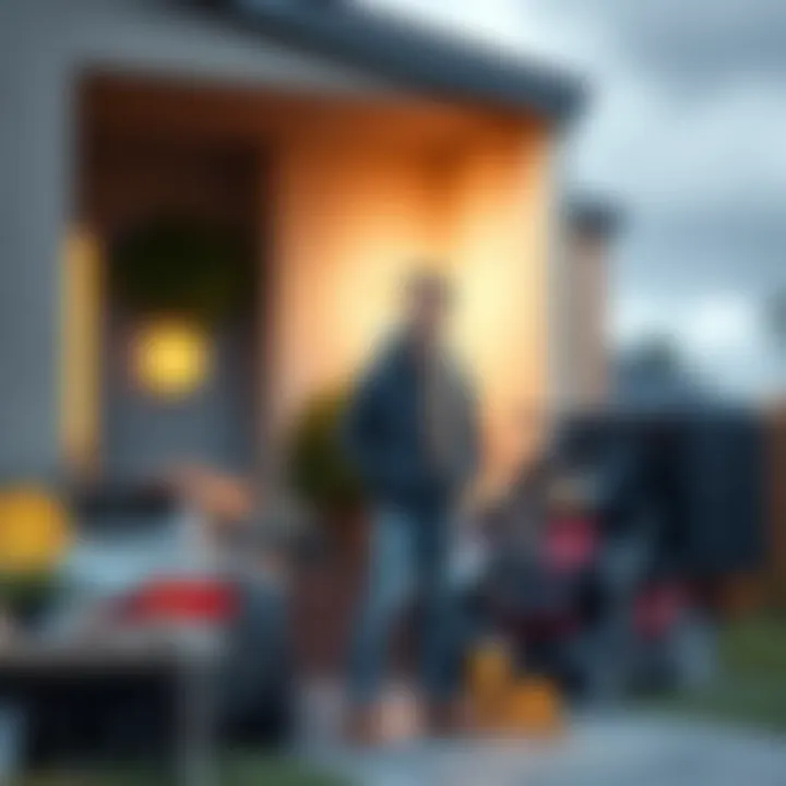 Man selling belongings for Bitcoin investment A man stands outside a house, surrounded by items for sale like a car and jewelry, showing determination to invest in Bitcoin.