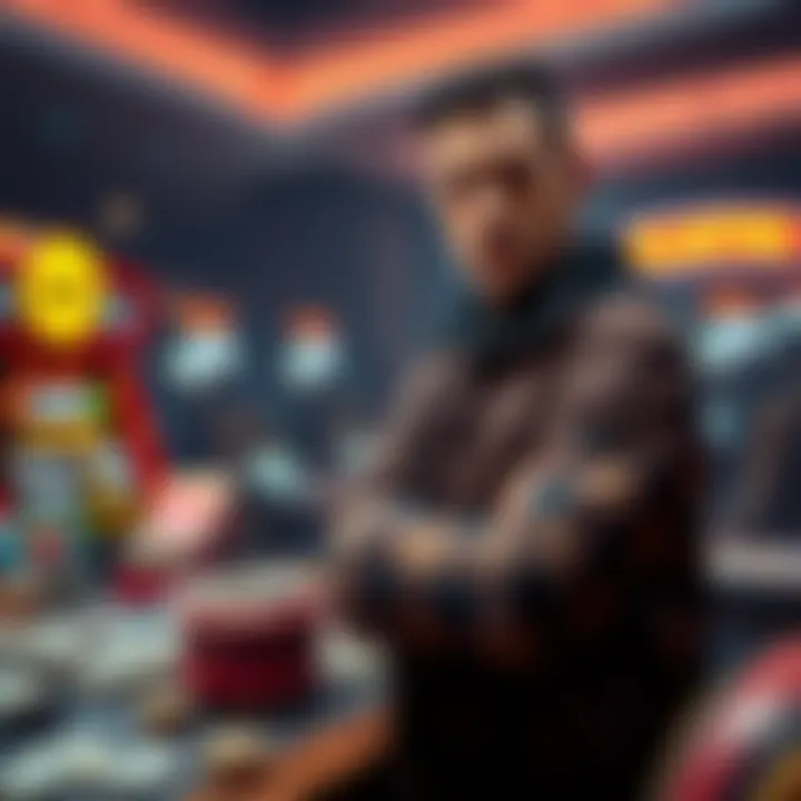 A man stands next to a table filled with cash and gaming products, looking at the camera with a serious expression.