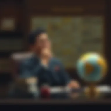 A thoughtful man in a suit sits at a desk with a globe and books, reflecting on governance and decision-making, symbolizing the efficiency of a benevolent dictatorship.