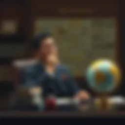 Man in suit pondering A thoughtful man in a suit sits at a desk with a globe and books, reflecting on governance and decision-making, symbolizing the efficiency of a benevolent dictatorship.