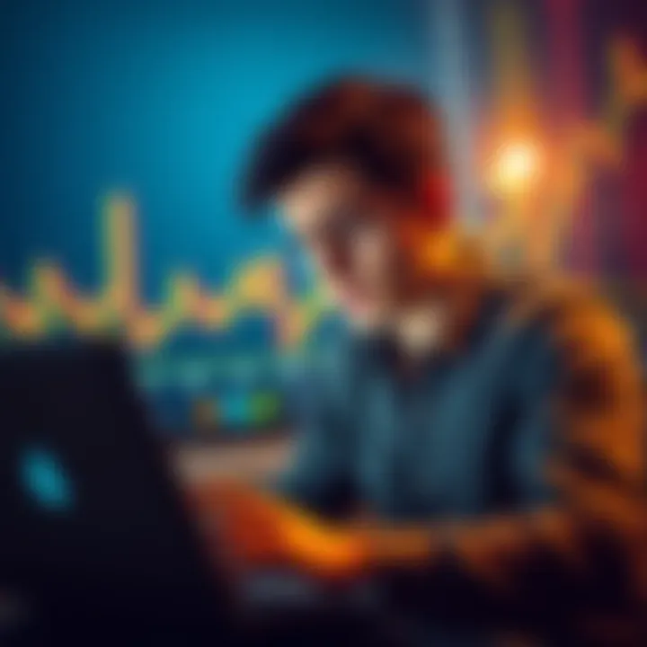 A young man looks concerned while reviewing Bitcoin and ETF investment options on his laptop, with a chart showing market fluctuations in the background.