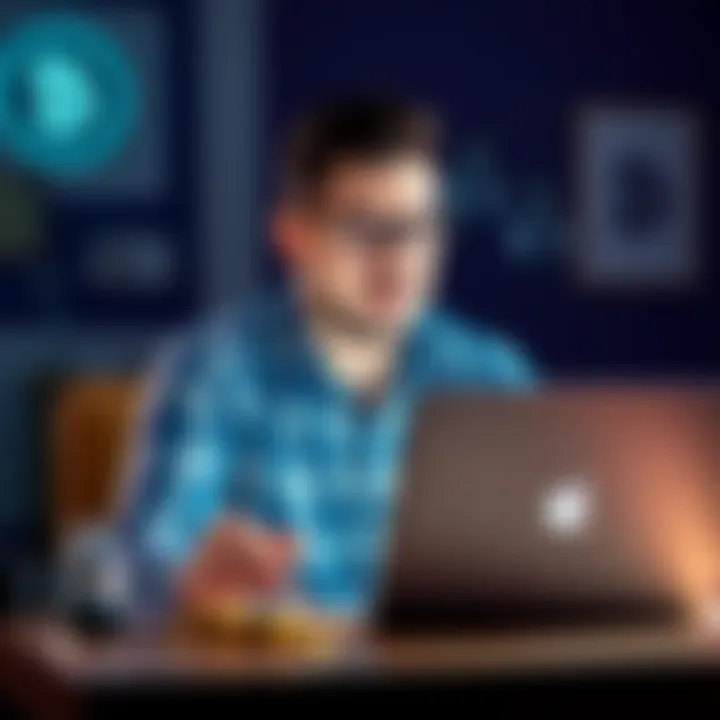 A man sitting at a desk with a laptop, looking confused while researching Bitcoin investment basics and wallet types.