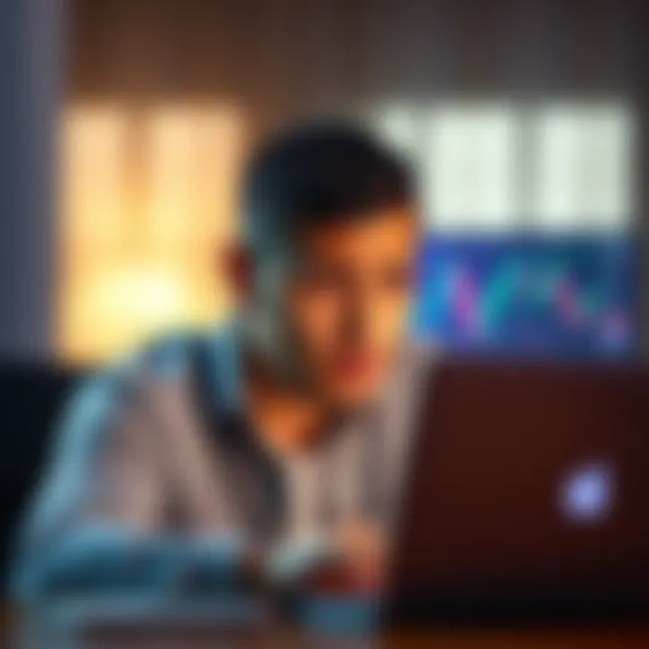 A man displaying concern while staring at a laptop with cryptocurrency graphs on the screen