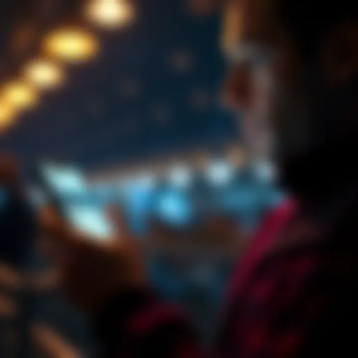 A person using a smartphone with app notifications displayed on the screen, looking focused and calm