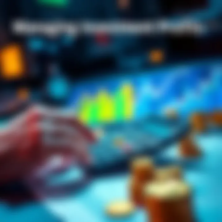 Managing Investment Profits A person calculating investment profits on a calculator, surrounded by graphs and money symbols, symbolizing profit strategies.